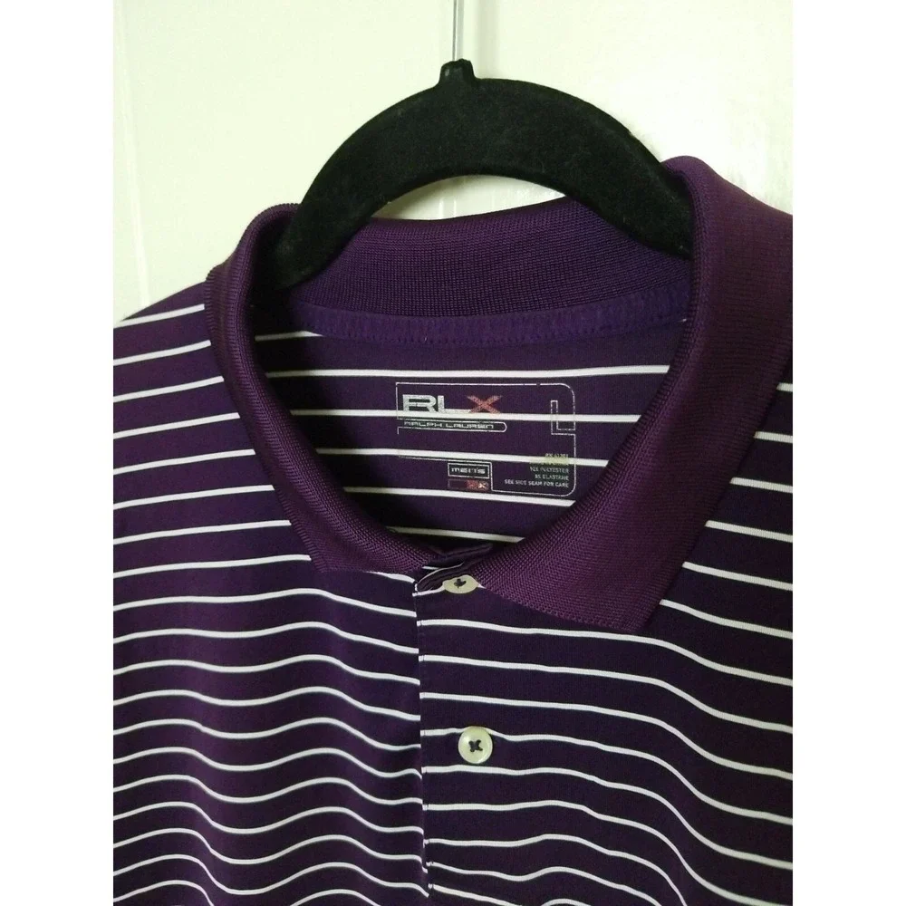 RLX Ralph Lauren Logo Polo Golf Shirt Mens L Purple Short Sleeve Striped